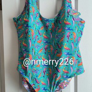 Lisa Frank x Posh Peanut Women's reversible dancing dolphins one piece swim